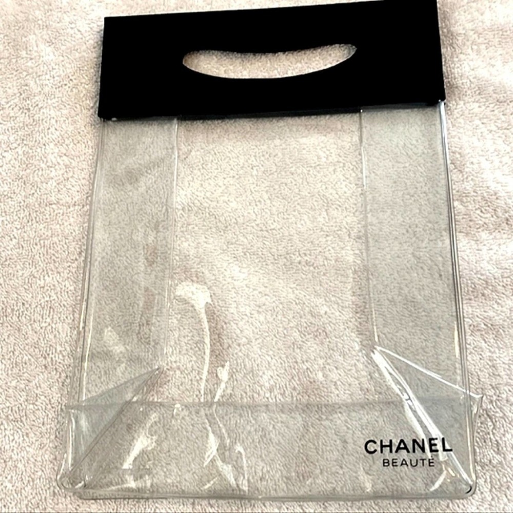Chanel Clear Vinyl Tote Beaute Bag Black Top Handles Stadium See-through 10x7 In